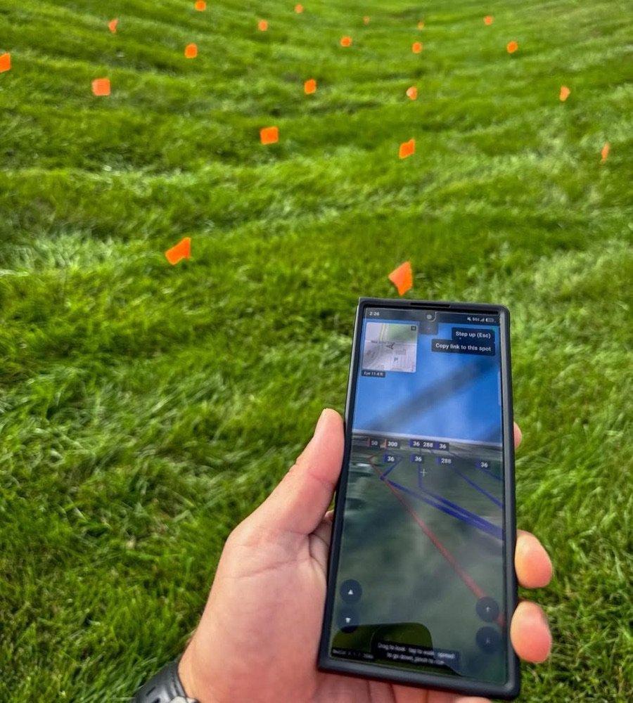 Orange locate flags across a mowed swale, with a locator holding a phone in the foreground